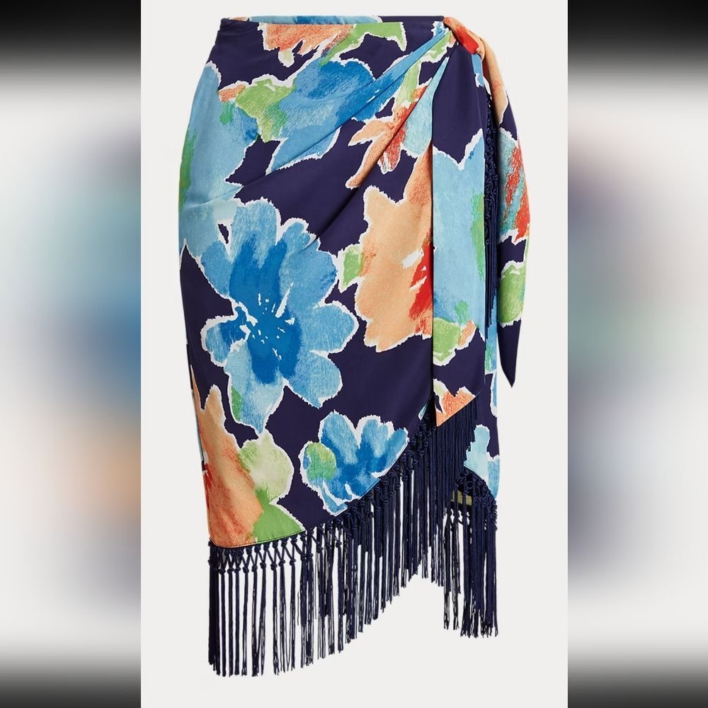Lauren Ralph Lauren Floral Crepe Fringe Skirt Size 10 Tropical Beachy Vacation
